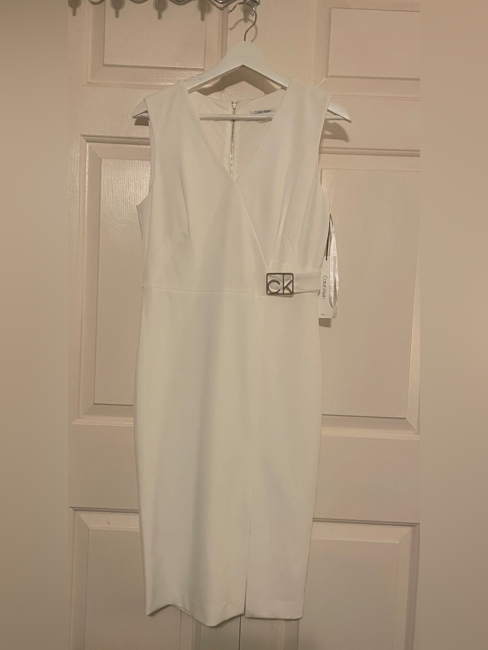 NWT Calvin Klein Cream Sleeveless Wrap-Front CK Logo Sheath Dress | Quiet Luxury